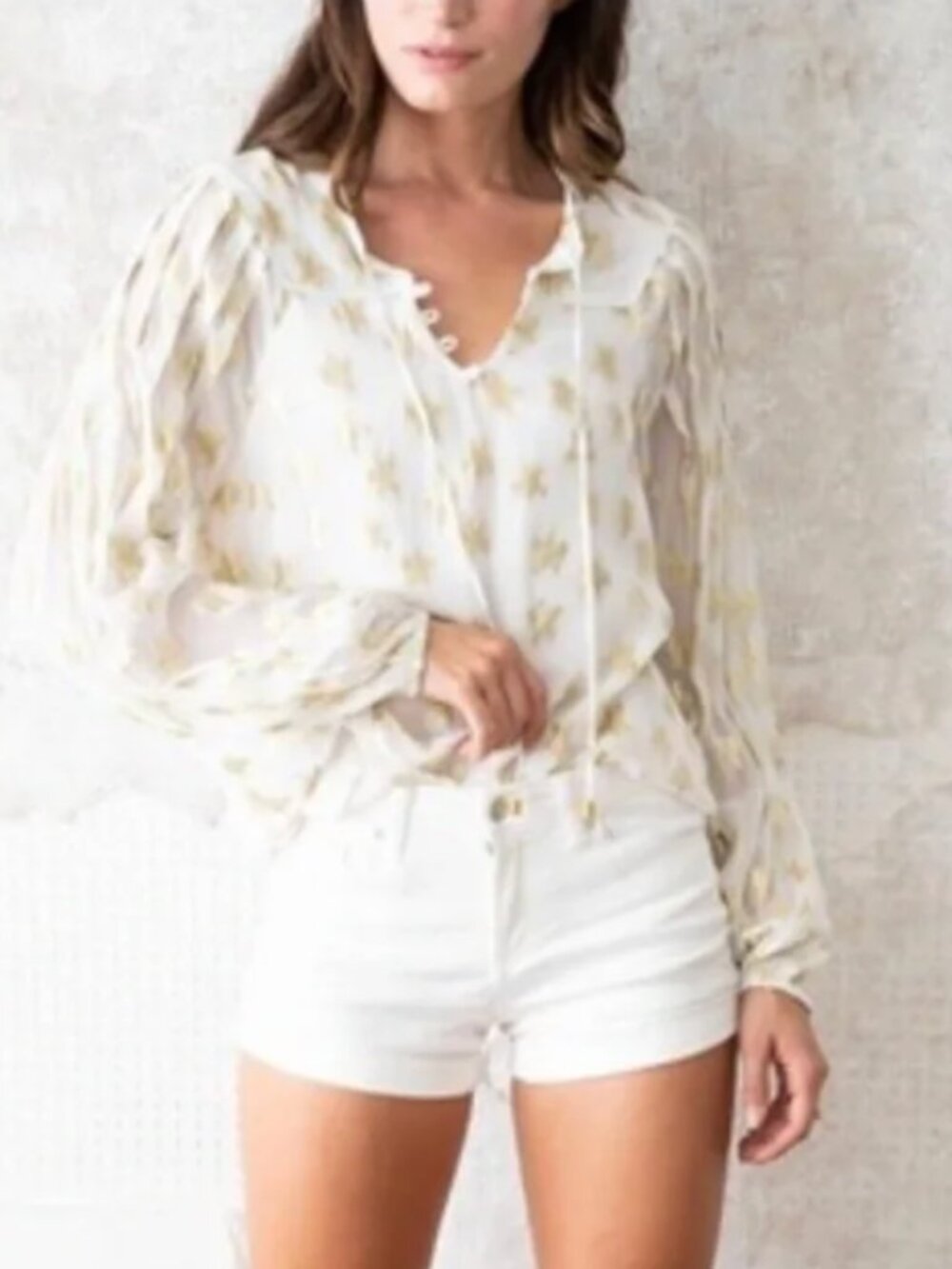 Ciebon Burnelle Gold Metallic Shimmer Star Boho Buttoned Blouse size S